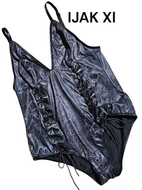Black Snake-Print Lace-Up Bodysuit